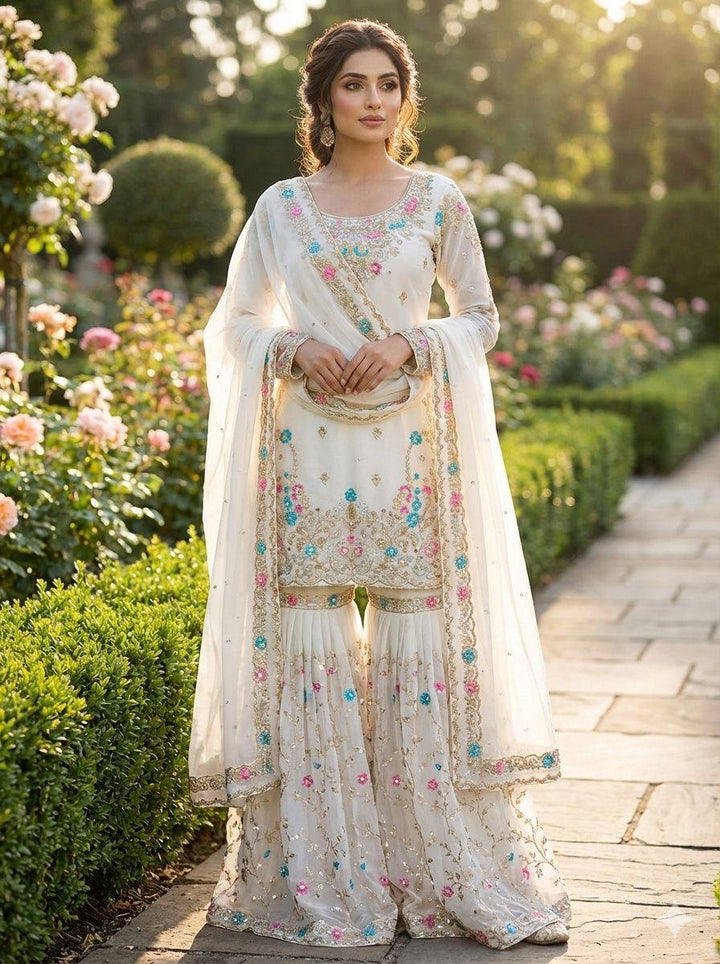 Women's Off-White Floral Embroidered Sharara Suit Set with Dupatta