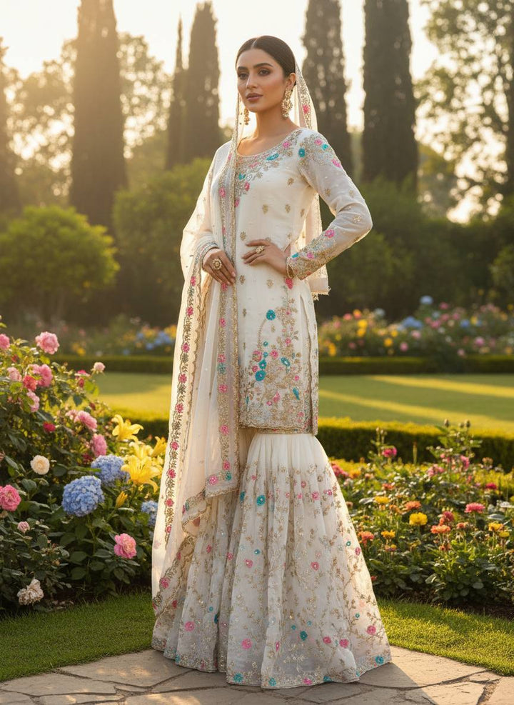 Women's Off-White Floral Embroidered Sharara Suit Set with Dupatta
