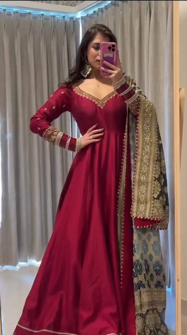 Women's Wine Red Anarkali Gown Set with Embroidered Dupatta