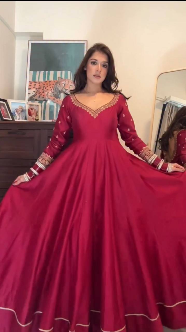 Women's Wine Red Anarkali Gown Set with Embroidered Dupatta