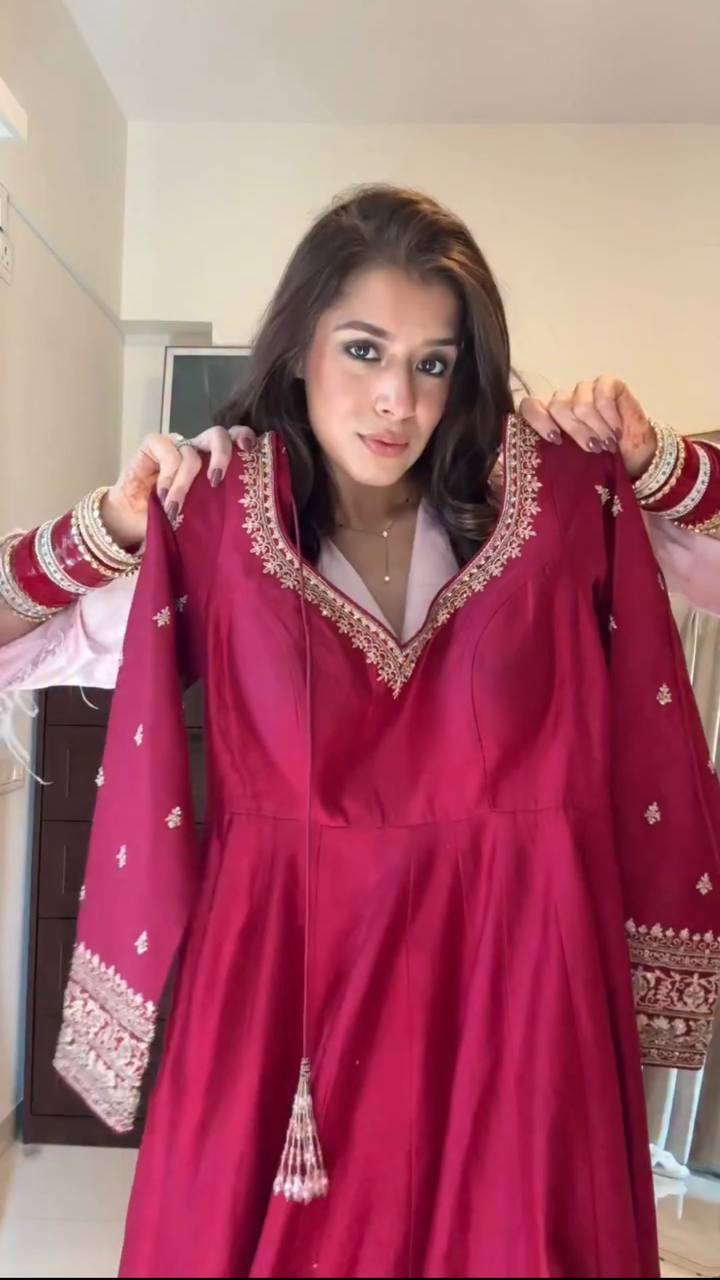Women's Wine Red Anarkali Gown Set with Embroidered Dupatta