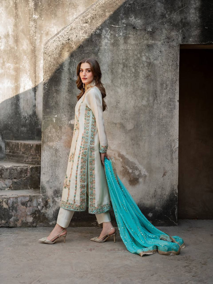 Women's Ivory Floral Embroidered Straight Suit Set with Turquoise Dupatta