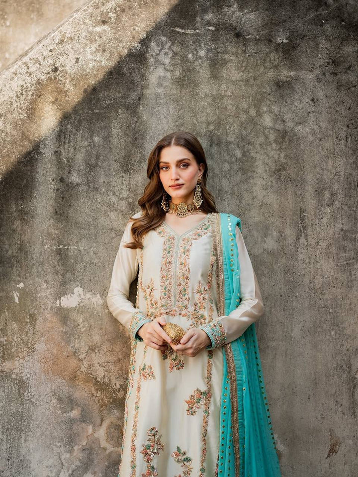 Women's Ivory Floral Embroidered Straight Suit Set with Turquoise Dupatta