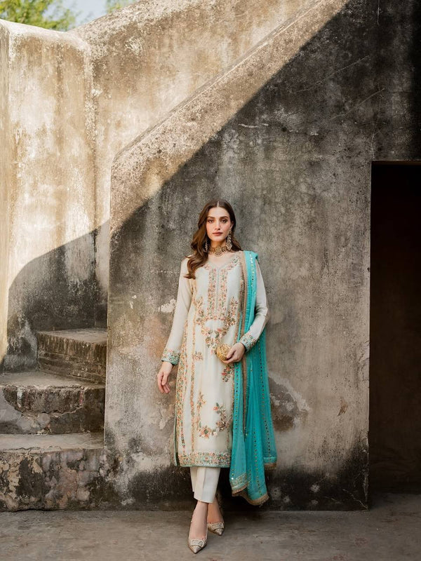 Women's Ivory Floral Embroidered Straight Suit Set with Turquoise Dupatta