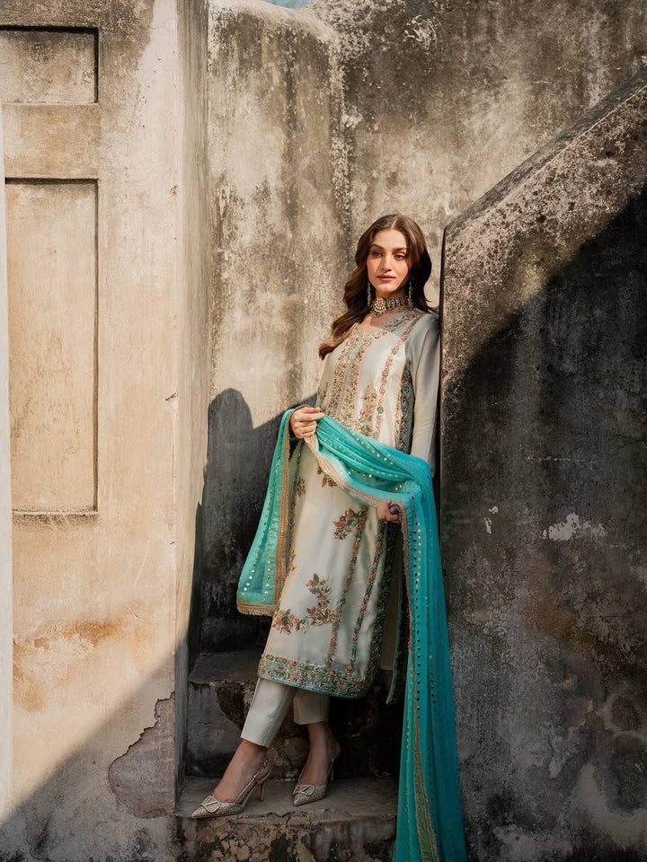 Women's Ivory Floral Embroidered Straight Suit Set with Turquoise Dupatta