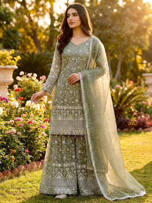 Women's Sage Green Embroidered Sharara Suit Set with Dupatta