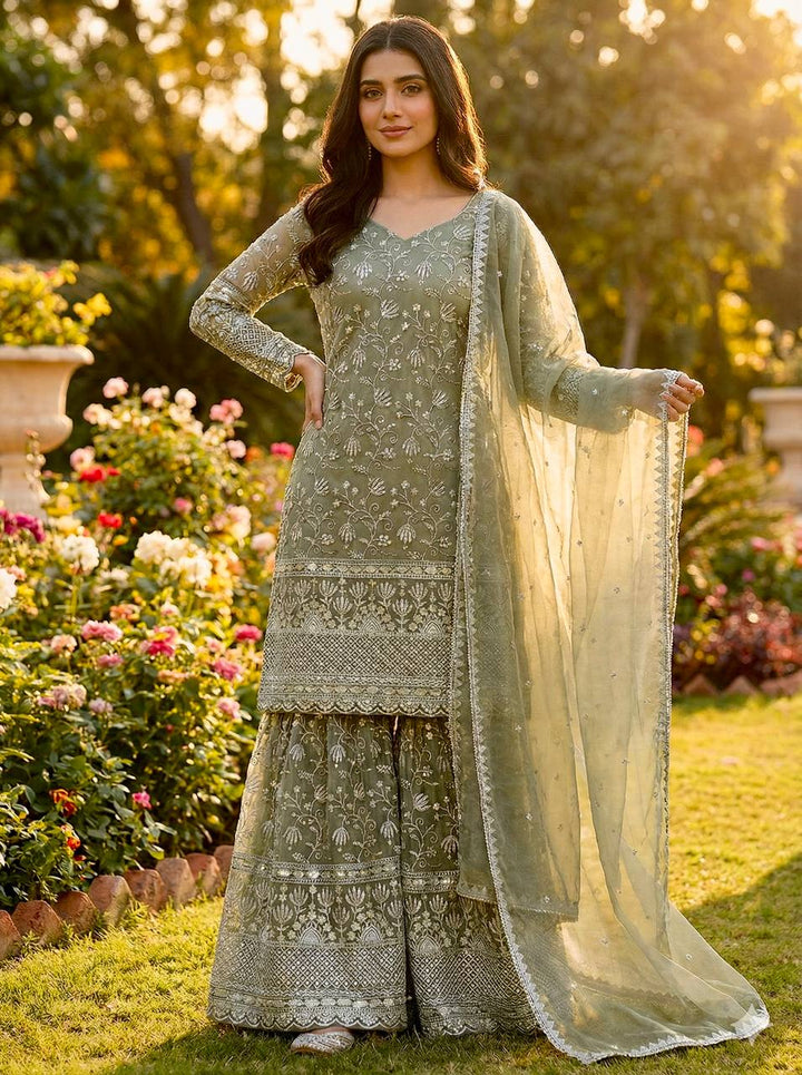 Women's Sage Green Embroidered Sharara Suit Set with Dupatta