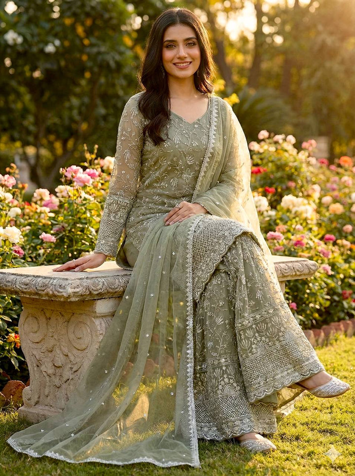 Women's Sage Green Embroidered Sharara Suit Set with Dupatta