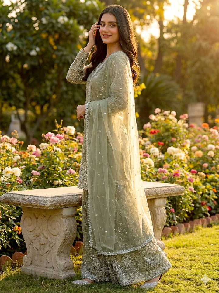 Women's Sage Green Embroidered Sharara Suit Set with Dupatta