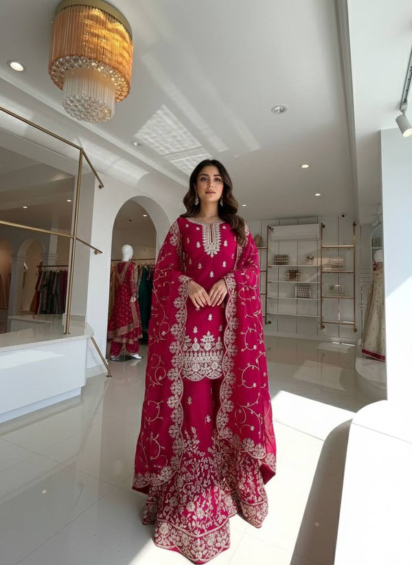Women's Fuchsia Pink Heavy Embroidered Sharara Suit Set with Dupatta