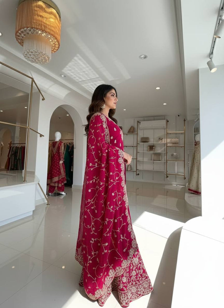 Women's Fuchsia Pink Heavy Embroidered Sharara Suit Set with Dupatta