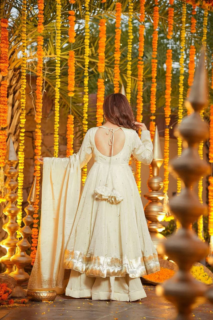 Women's Ivory White Anarkali Suit Set with Palazzo and Dupatta