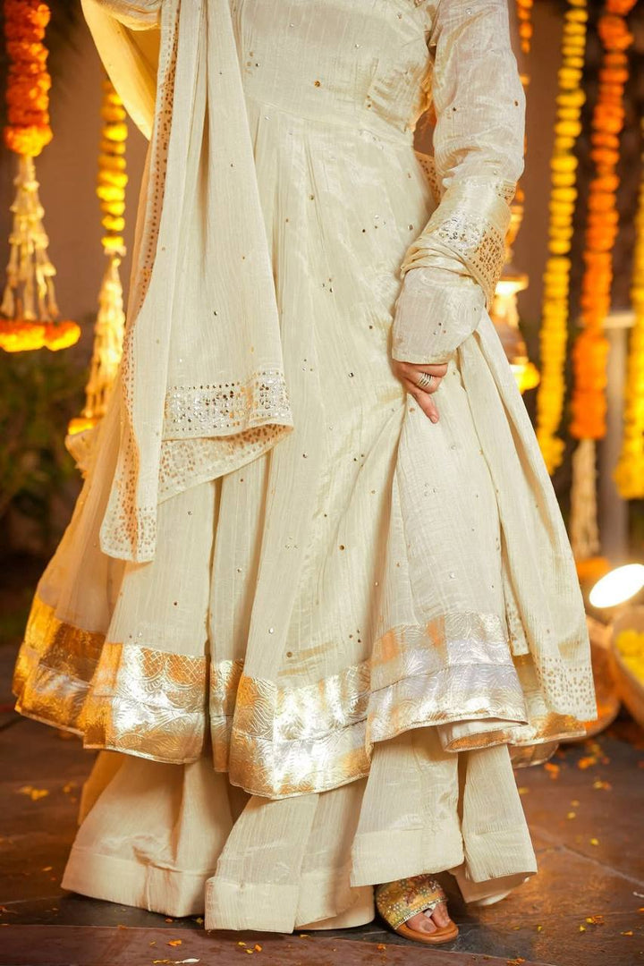 Women's Ivory White Anarkali Suit Set with Palazzo and Dupatta