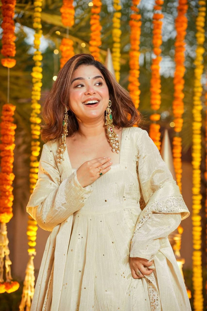 Women's Ivory White Anarkali Suit Set with Palazzo and Dupatta