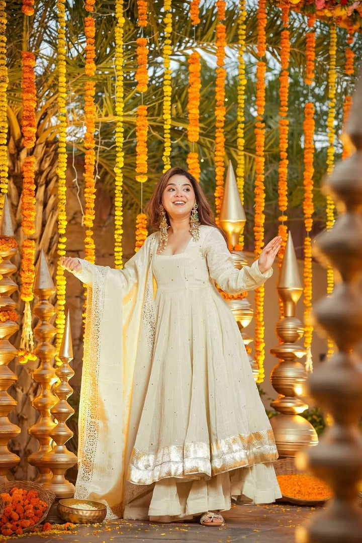 Women's Ivory White Anarkali Suit Set with Palazzo and Dupatta