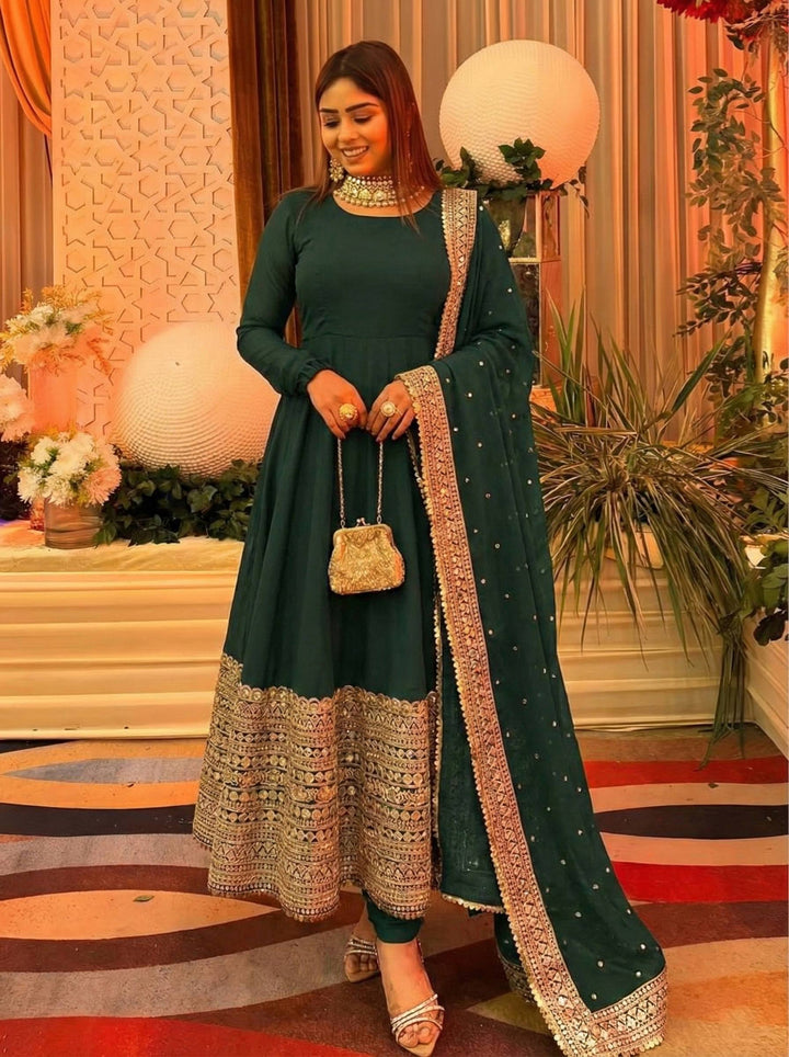 Women's Emerald Green Embroidered Anarkali Suit Set with Dupatta