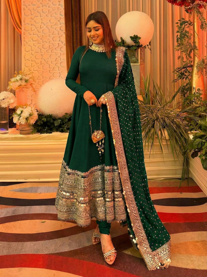 Women's Emerald Green Embroidered Anarkali Suit Set with Dupatta