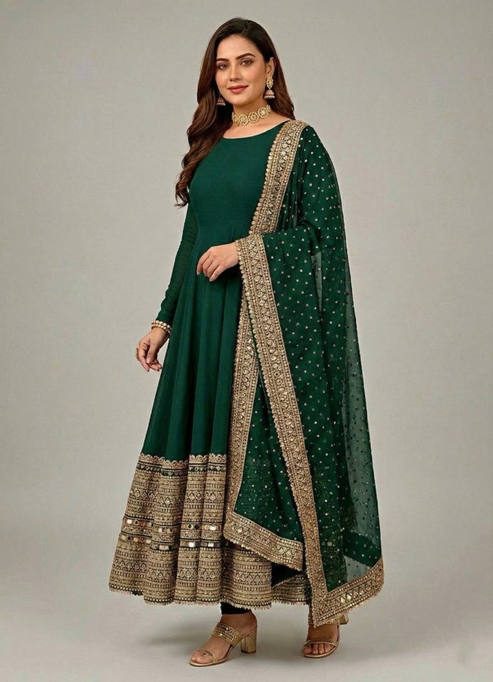 Women's Emerald Green Embroidered Anarkali Suit Set with Dupatta