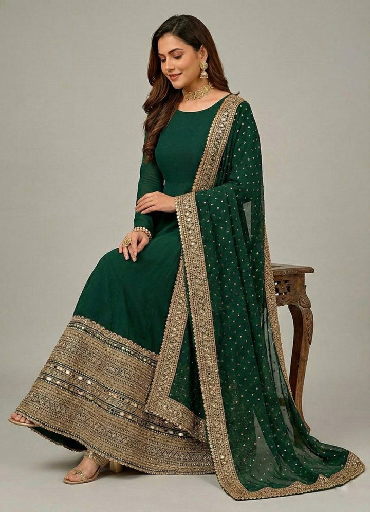 Women's Emerald Green Embroidered Anarkali Suit Set with Dupatta