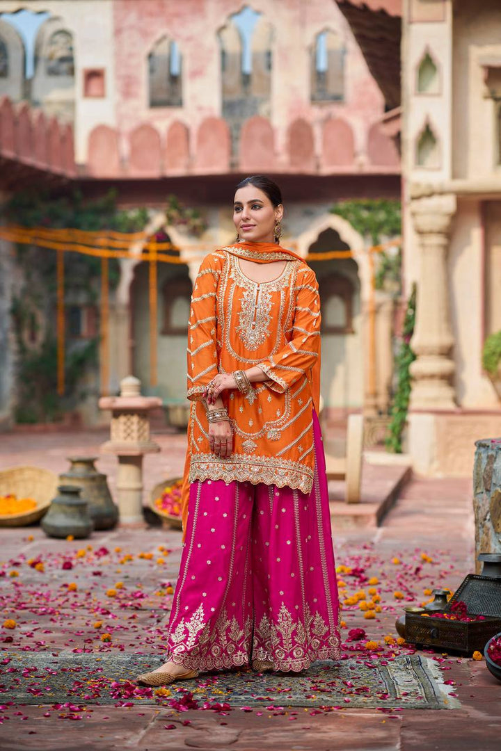 Women's Orange Embroidered Straight Kurta Sharara Set with Dupatta