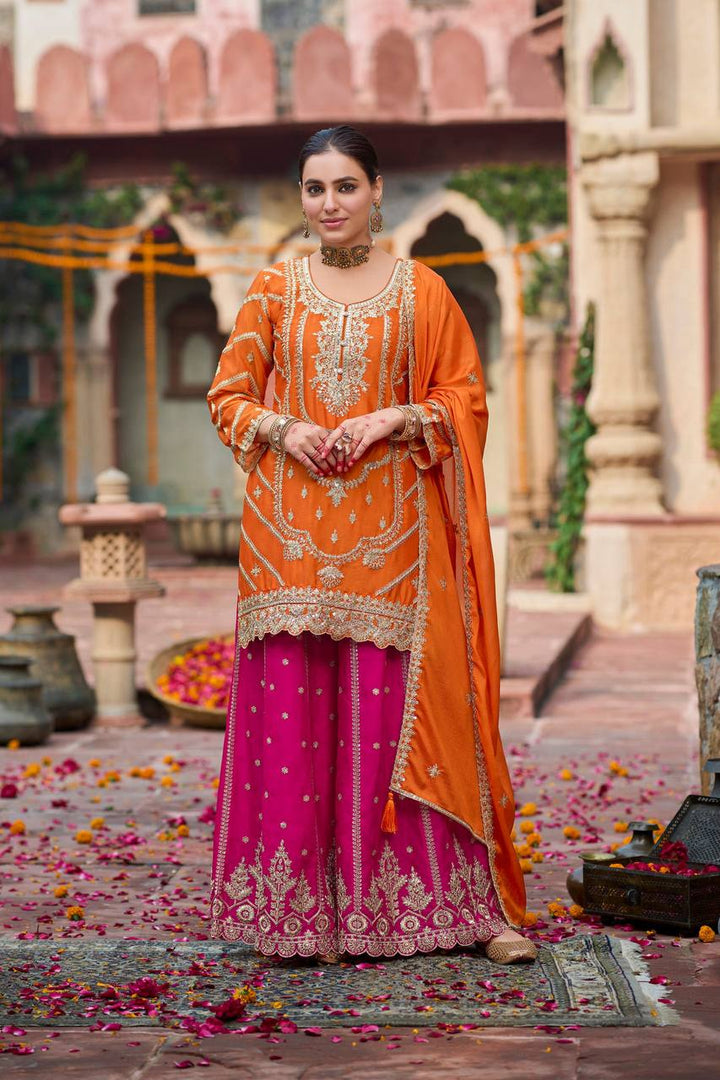 Women's Orange Embroidered Straight Kurta Sharara Set with Dupatta