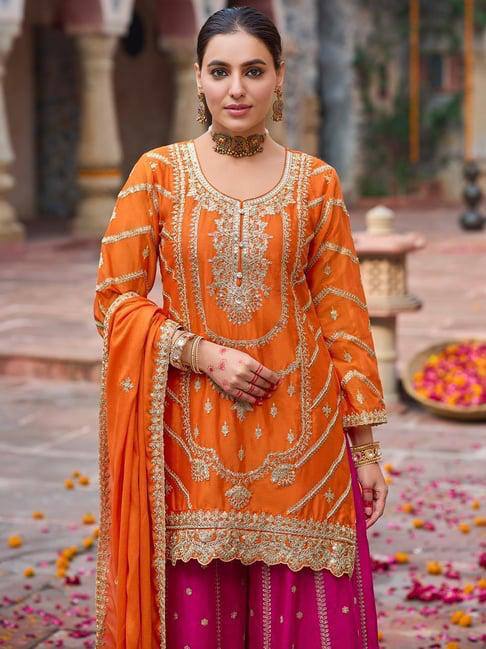 Women's Orange Embroidered Straight Kurta Sharara Set with Dupatta