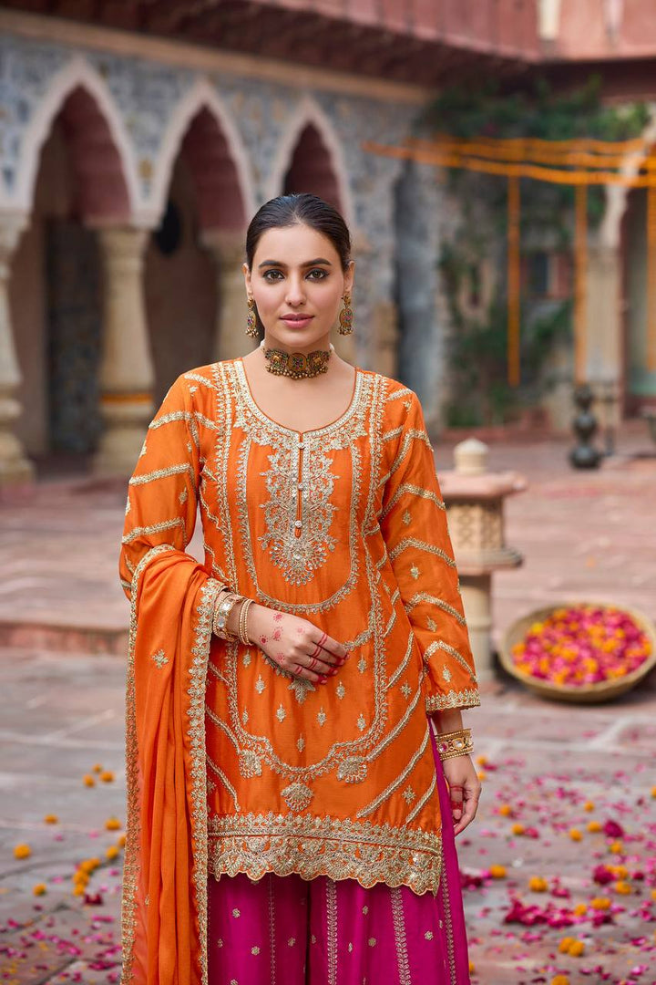 Women's Orange Embroidered Straight Kurta Sharara Set with Dupatta