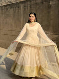 Women's Cream White Pleated Anarkali Gown Set with Dupatta