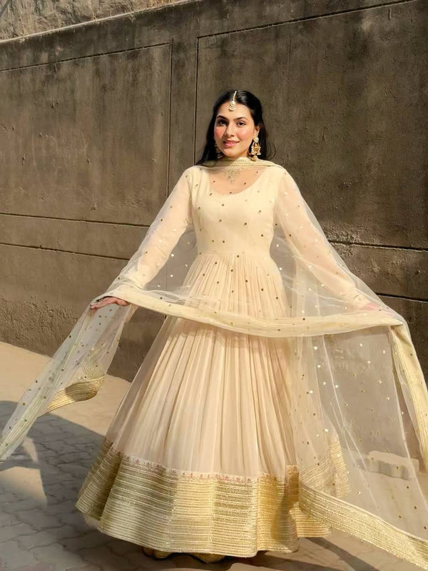 Women's Cream White Pleated Anarkali Gown Set with Dupatta