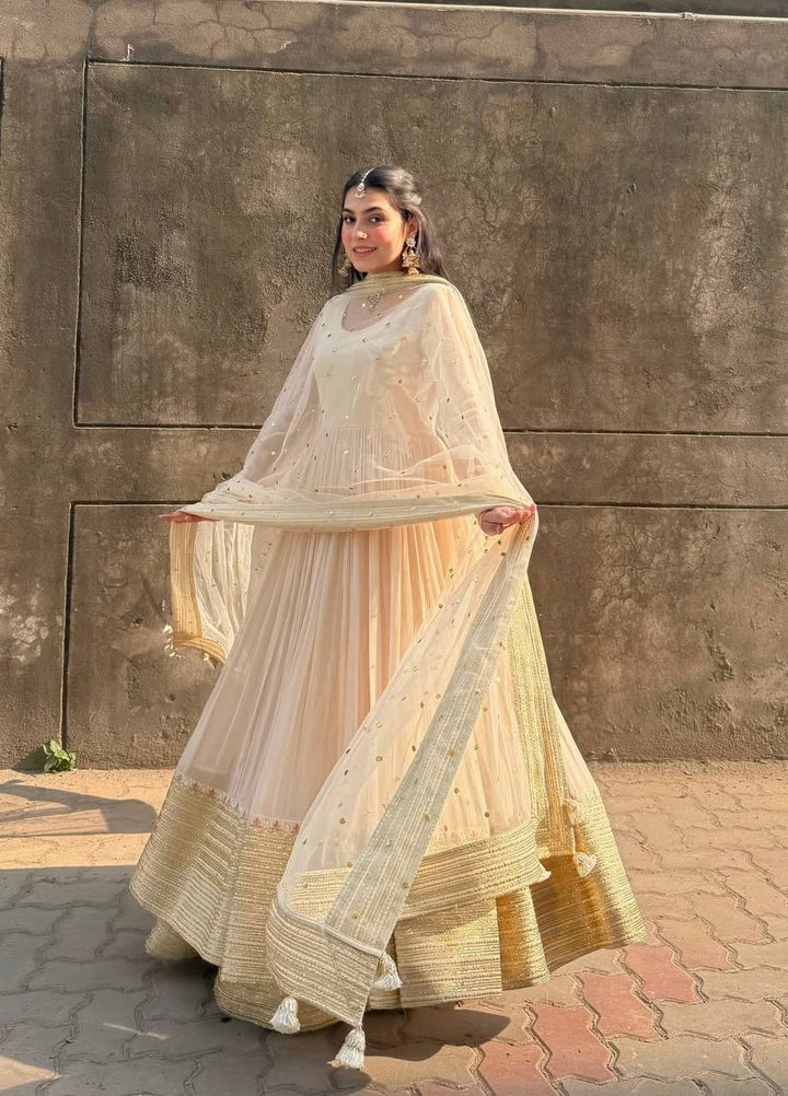Women's Cream White Pleated Anarkali Gown Set with Dupatta