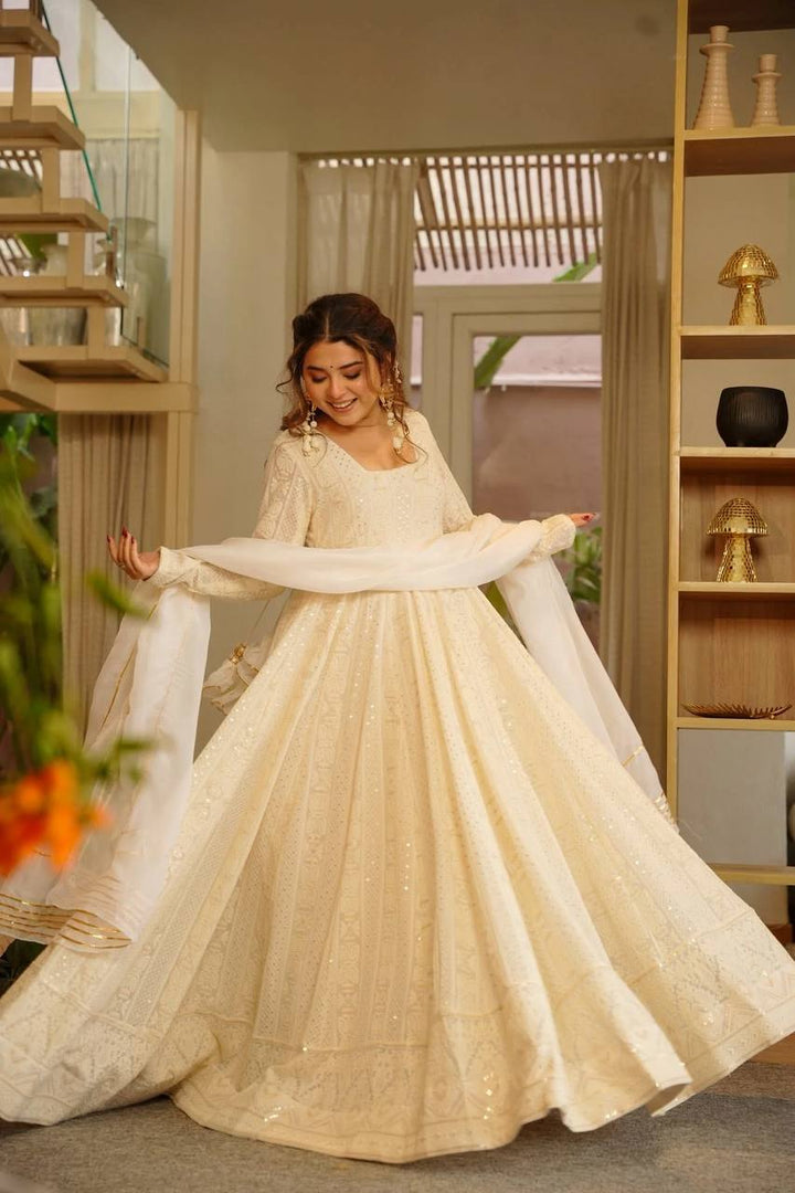 Women's Cream White Pleated Anarkali Gown Set with Dupatta