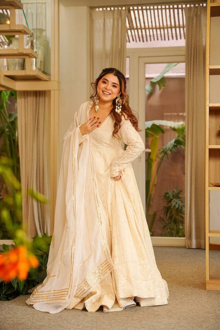 Women's Cream White Pleated Anarkali Gown Set with Dupatta