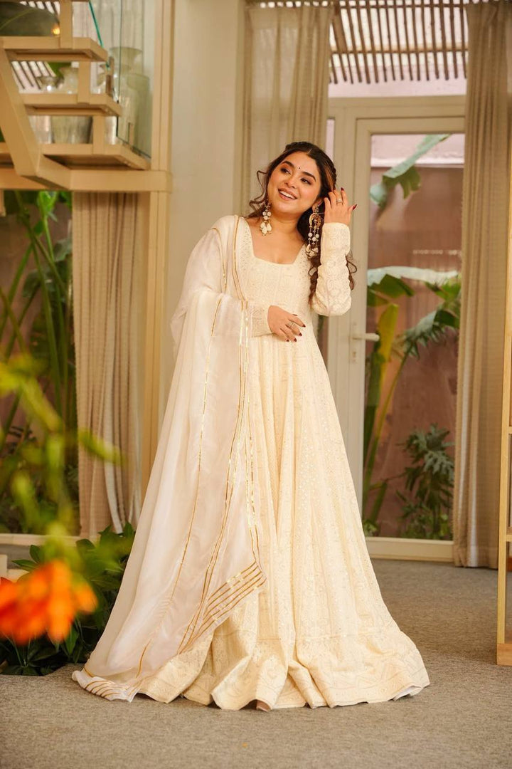 Women's Cream White Pleated Anarkali Gown Set with Dupatta