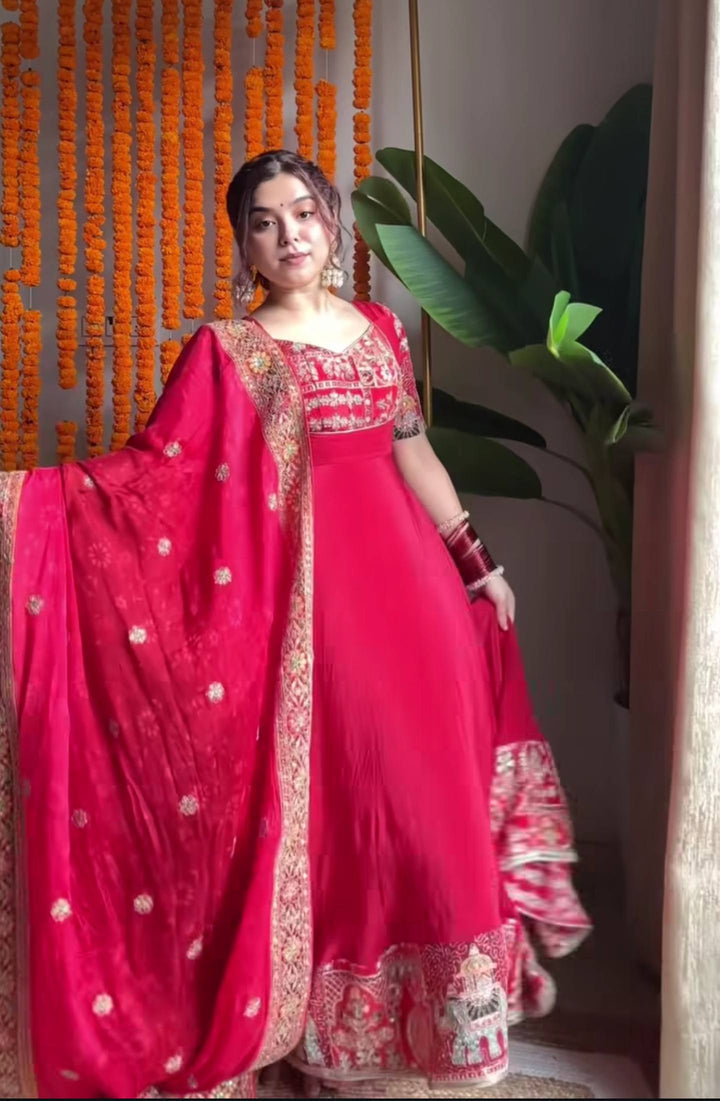 Women's Rani Pink Embroidered Anarkali Gown Set with Dupatta