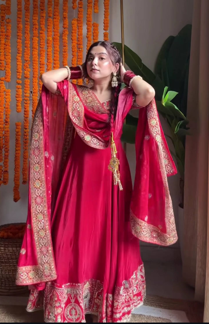 Women's Rani Pink Embroidered Anarkali Gown Set with Dupatta