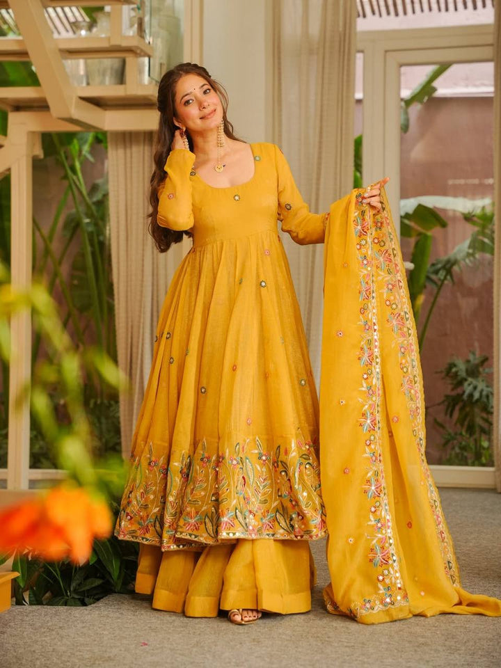 Women's Mustard Yellow Floral Embroidered Anarkali Suit Set with Dupatta