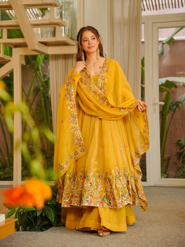 Women's Mustard Yellow Floral Embroidered Anarkali Suit Set with Dupatta