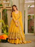 Women's Mustard Yellow Floral Embroidered Anarkali Suit Set with Dupatta