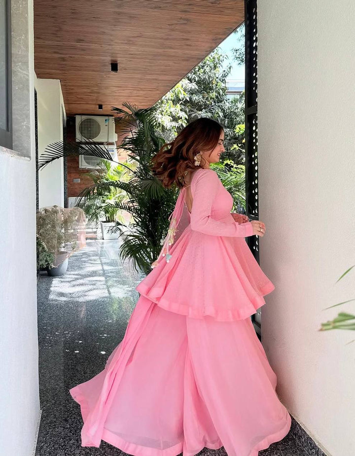Women's Baby Pink Peplum Sharara Suit Set with Dupatta