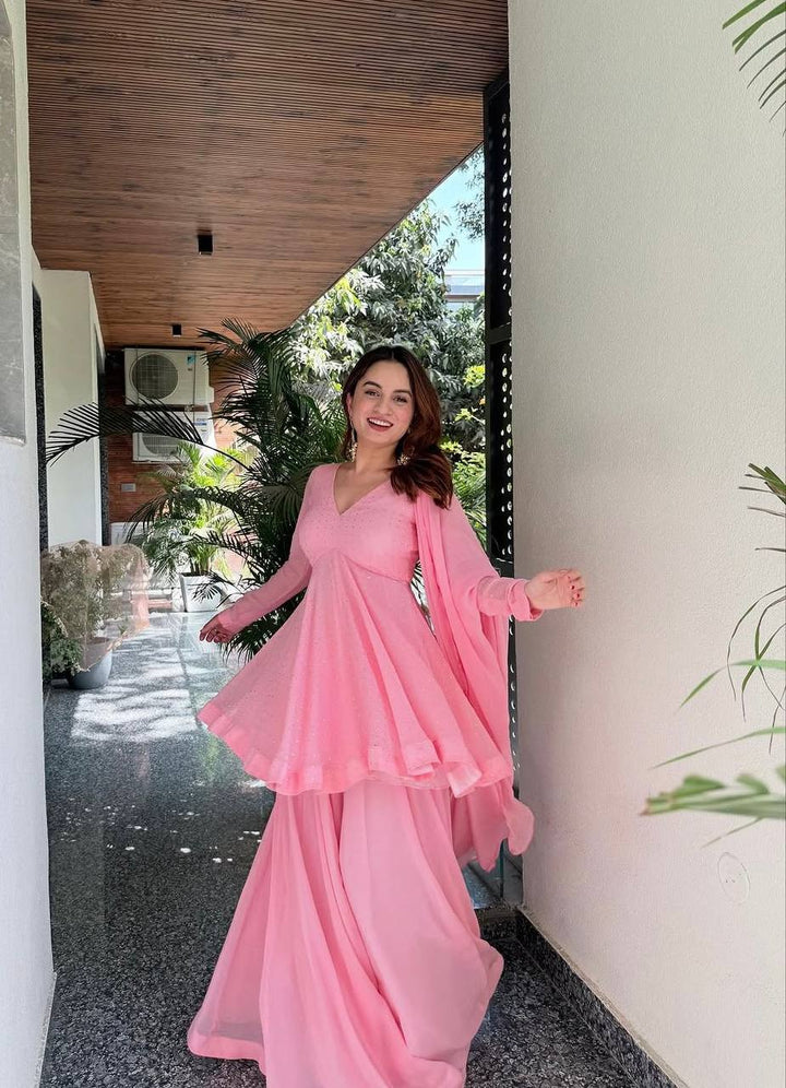 Women's Baby Pink Peplum Sharara Suit Set with Dupatta