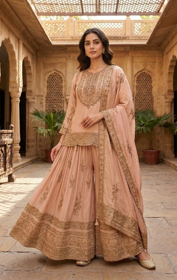 Women's Blush Pink Heavy Embroidered Sharara Suit Set with Dupatta
