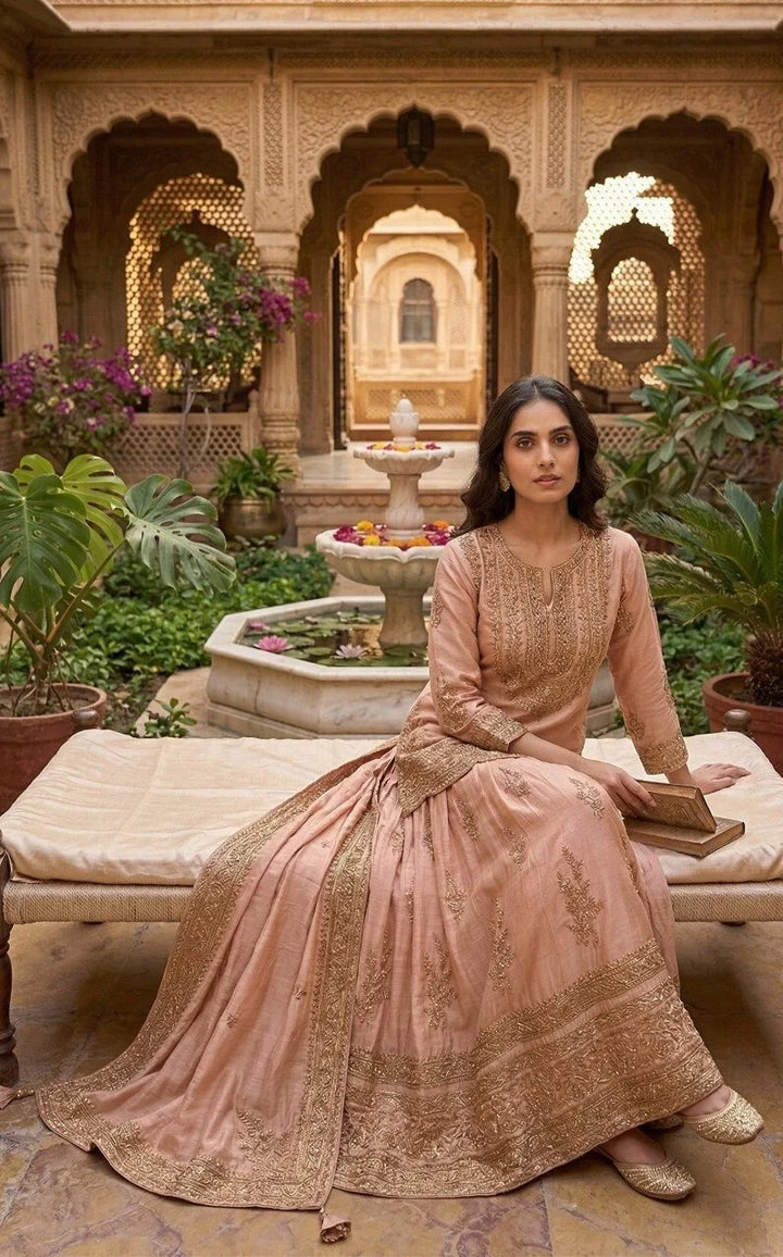 Women's Blush Pink Heavy Embroidered Sharara Suit Set with Dupatta