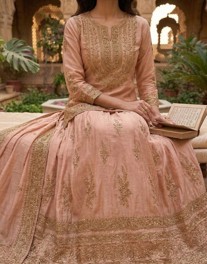 Women's Blush Pink Heavy Embroidered Sharara Suit Set with Dupatta