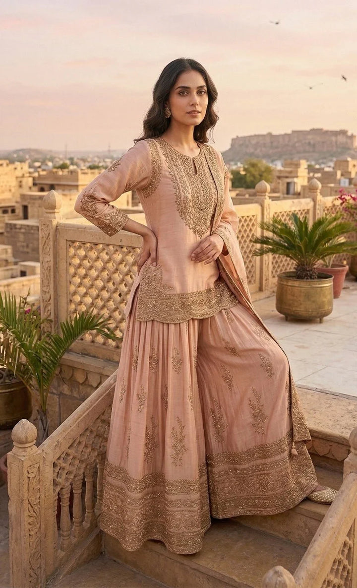Women's Blush Pink Heavy Embroidered Sharara Suit Set with Dupatta