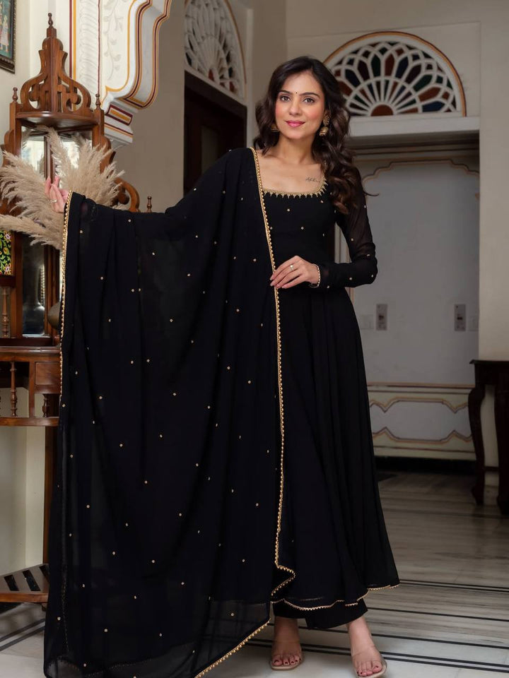 Women's Black Anarkali Kurta Set with Palazzo and Dupatta