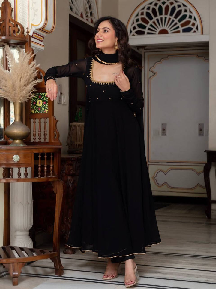 Women's Black Anarkali Kurta Set with Palazzo and Dupatta