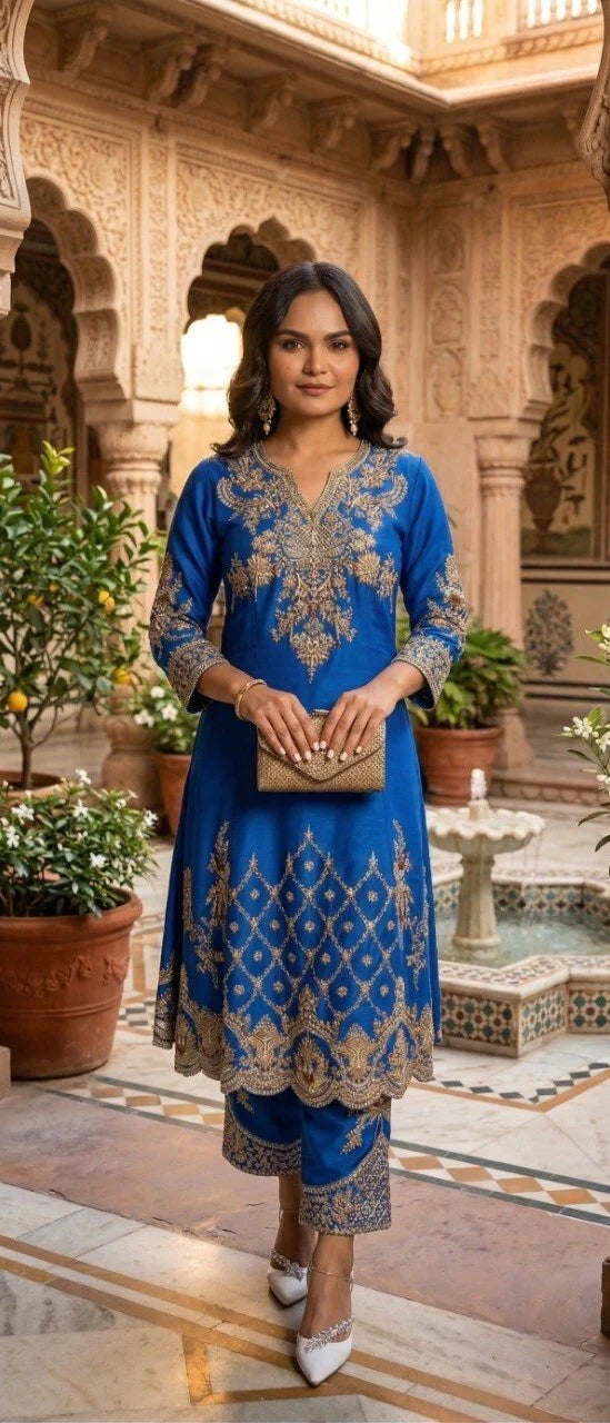 Women's Royal Blue Heavy Embroidered Straight Suit Set