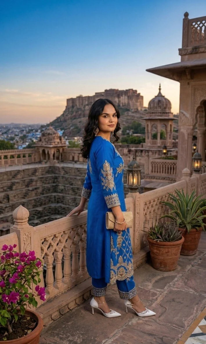 Women's Royal Blue Heavy Embroidered Straight Suit Set