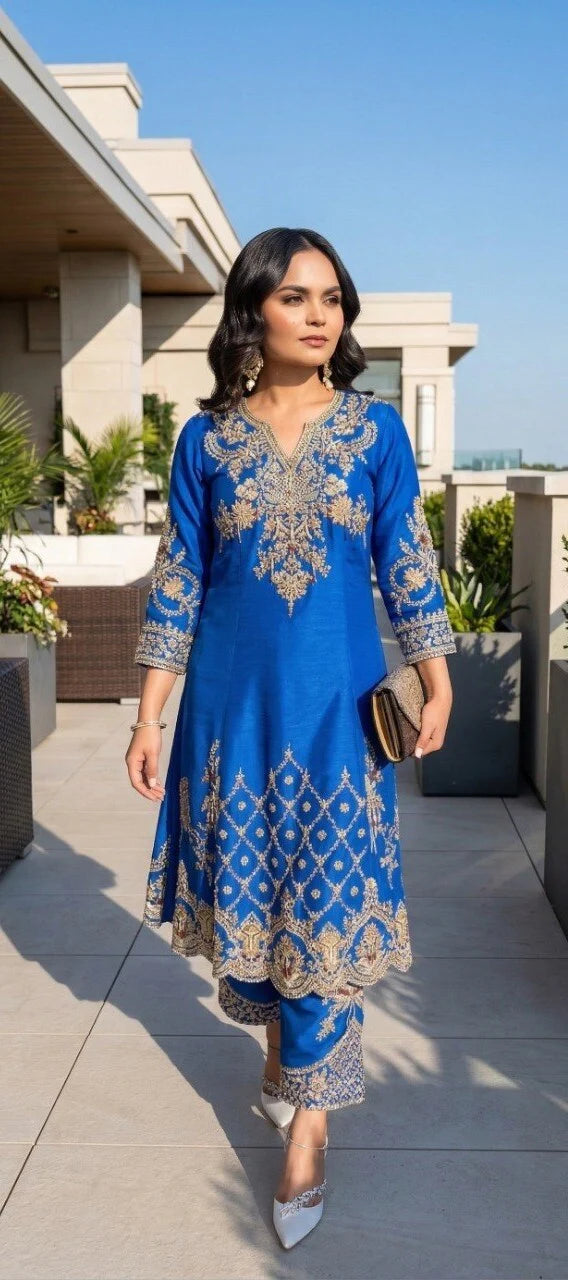 Women's Royal Blue Heavy Embroidered Straight Suit Set