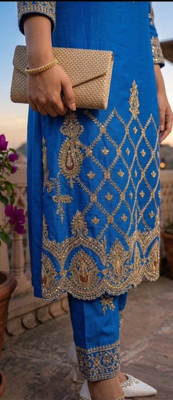 Women's Royal Blue Heavy Embroidered Straight Suit Set